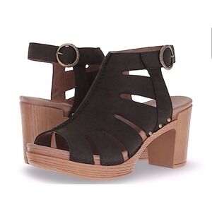 Dansko Demetra Heeled Platform Sandals 37 Black Nubuck Leather Worn Once!